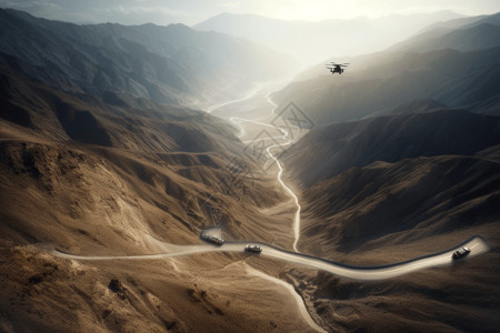 无人直升机无人驾驶汽车在蜿蜒的道路上设计图片