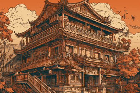 中国悬挑建筑插画