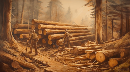 两个伐木工人在伐木图片