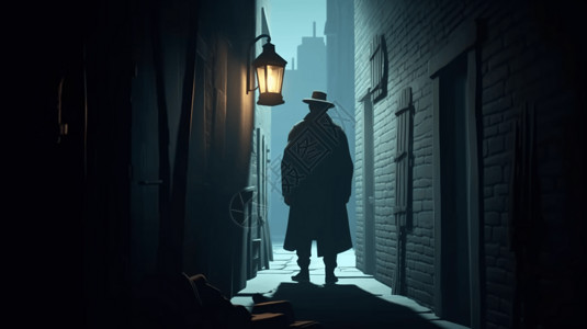 街头男人一个神秘的背影在昏暗的街头插画