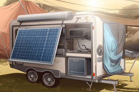 3D露营车太阳能电池板插画图背景图片