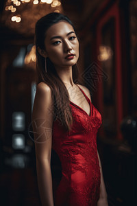 红色连衣裙女性全身照高清图片