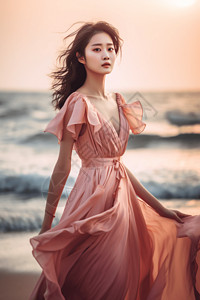 风照女性超模穿着粉红色连衣裙落日照背景