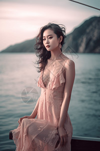 女性超模穿着粉红色连衣裙海边照图片