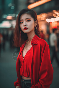 时尚女孩穿着红色上衣街拍图片