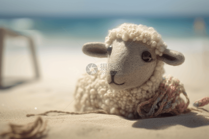 羊毛毡懒惰的小羊海滩照图片