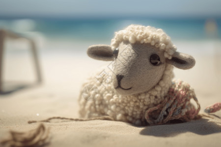 打伞小羊羊毛毡懒惰的小羊海滩照设计图片