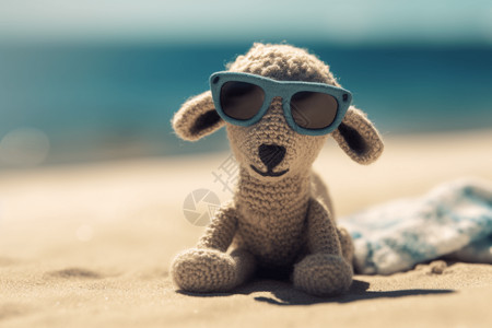 打伞小羊羊毛毡可爱的小羊海滩照设计图片