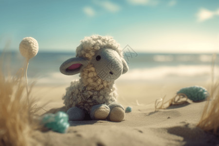 沙滩照羊毛毡小羊海滩照设计图片
