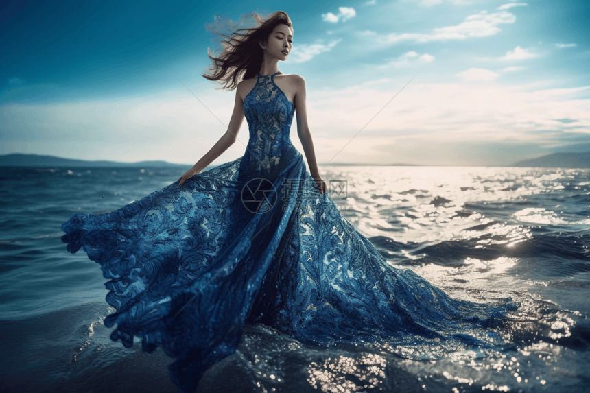 女性超模穿着蓝色连衣裙海边大片图片