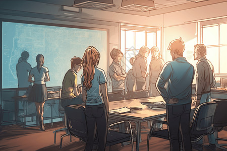 在东京建立小组在教室里用白板探讨小组辩论话题插画插画