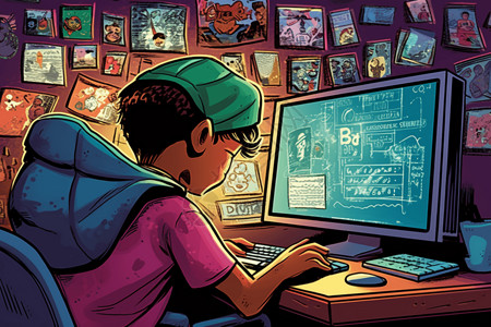 女生用电脑学习正在用电脑上网的孩子插画