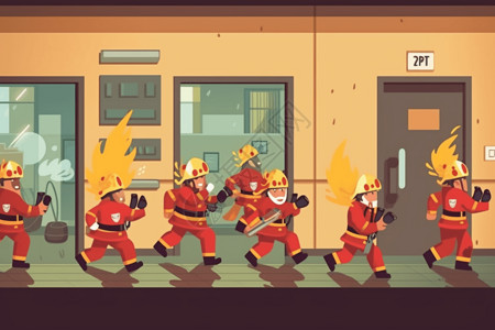 正在进行的消防演习的消防员插画