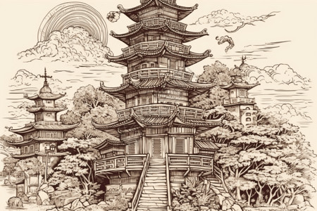 中国塔绘画线条背景图片
