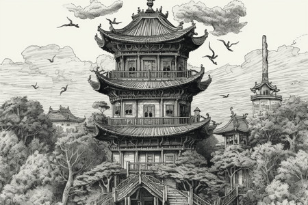 中国塔绘画背景图片