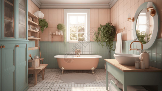 粉色浴缸的客房浴室高清图片