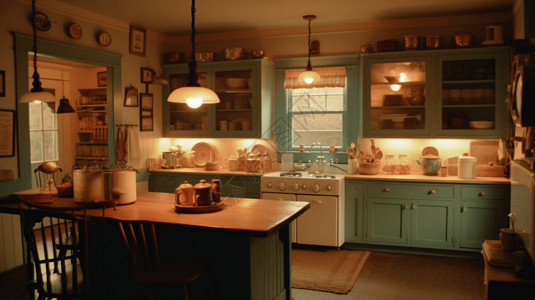 厨房照明温馨的复古装饰厨房插画