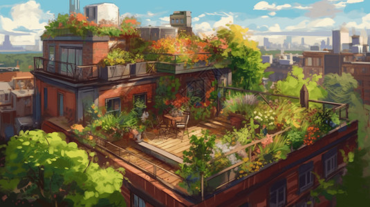洋房阳台屋顶花园插画插画