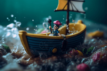 微型海盗在玩具船上驶过海洋高清图片