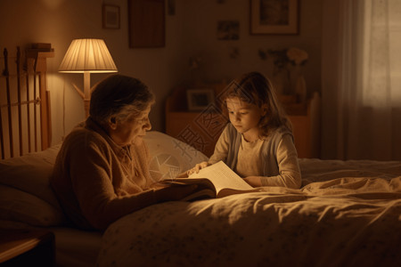 奶奶在床上给孩子读书图片