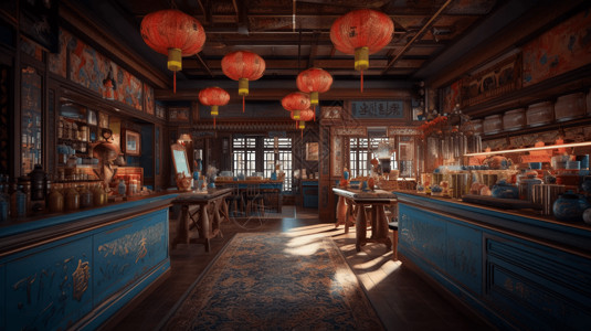 中式复古装修中式文化餐厅装修插画