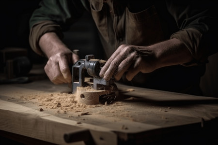 木工在一块木头上形成弯曲的切口背景