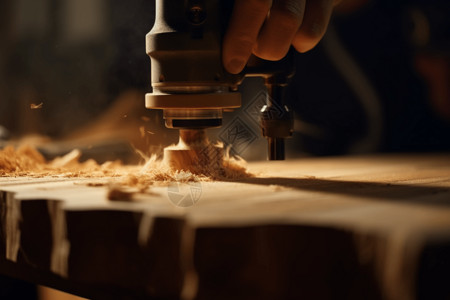 木工使用手持式路由器一块木头背景