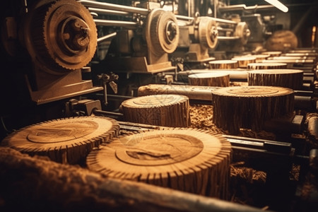 木刻机械和成堆的原木高清图片