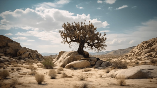 一棵树木在多岩石的沙漠景观中生长的一棵孤独的树插画