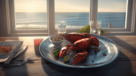 吃西餐龙虾和煦的阳光照在龙虾盘插画