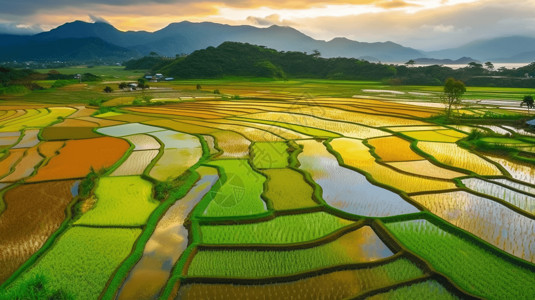 夏天田地杂交稻田的观点背景