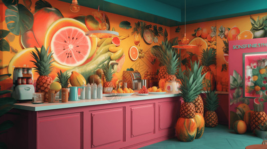 3d立体壁画热带风情的冰沙酒吧插画