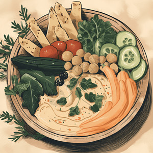 鹰嘴豆泥的静果周围是皮塔饼面包，蔬菜和橄榄插画