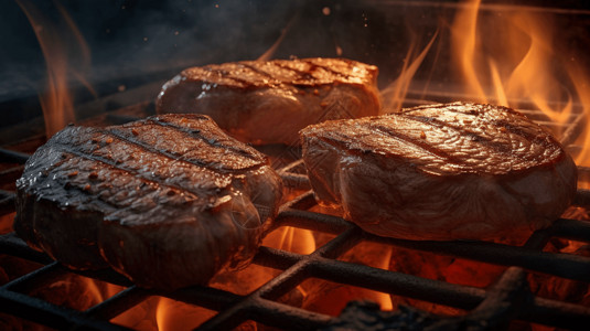烤架上带有火焰和的牛排特写高清图片