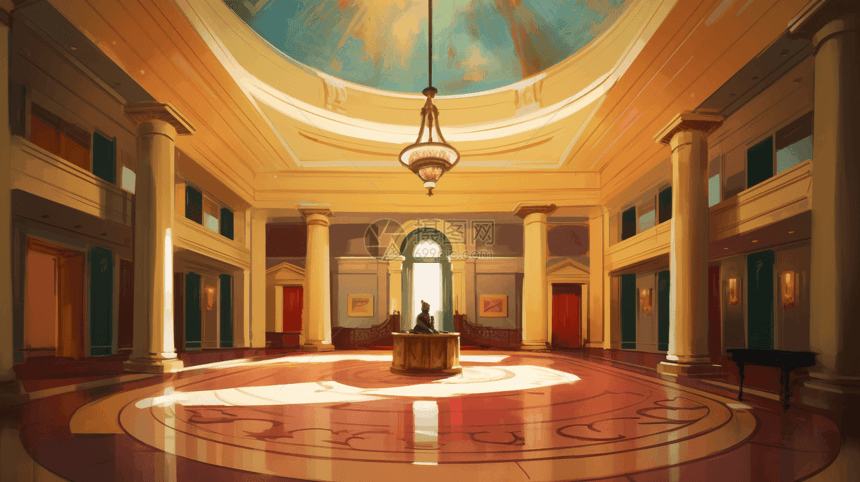 一幅市政厅大厅的绘画图片