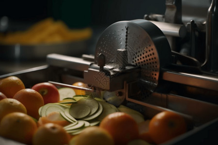 切片水果和蔬菜的机器的特写高清图片