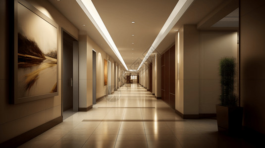 酒店集团繁忙办公大楼的长而光滑的走廊背景