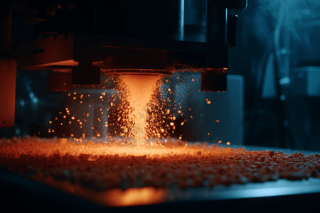机械工切割火花用机械熔化成型的塑料颗粒特写设计图片