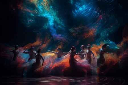 梦幻图案舞者在旋转的色彩和图案的全息世界中表演背景