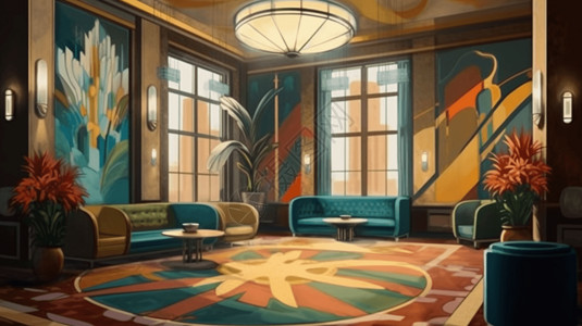 90年代客厅装饰艺术酒店大堂室内设计插画