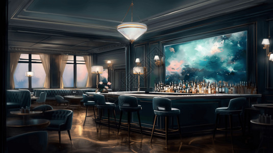 酒吧空间优雅的酒店酒吧绘画插画