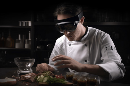 戴着AR眼镜制作美食的厨师图片