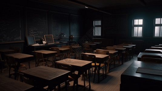 空黑板空桌椅带的黑板的教室插画