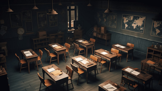 空桌椅带教案的黑板背景图片