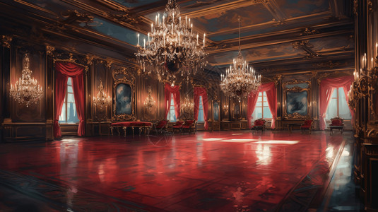 柱子地面红色地面的高级油画宴会厅插画