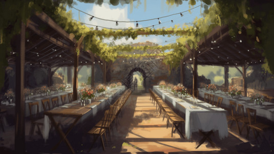 宴会桌室外油画婚宴插画