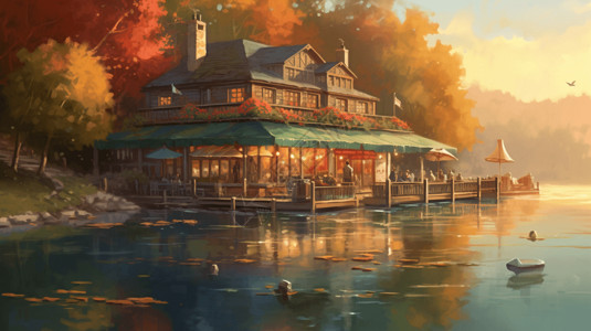 湖边餐厅湖边的房屋插画