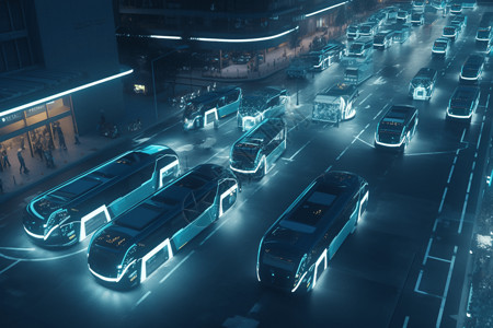 广告车细节展示一组运输乘客的自动大巴夜景鸟瞰图插画