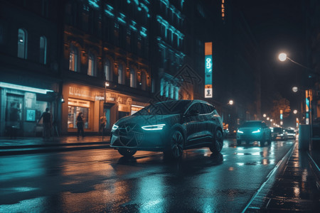 雪佛兰概念车晚上的城市街道有自动驾驶汽车经过插画