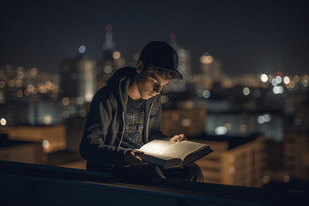 坐在天台的男孩青少年在屋顶上看书背景